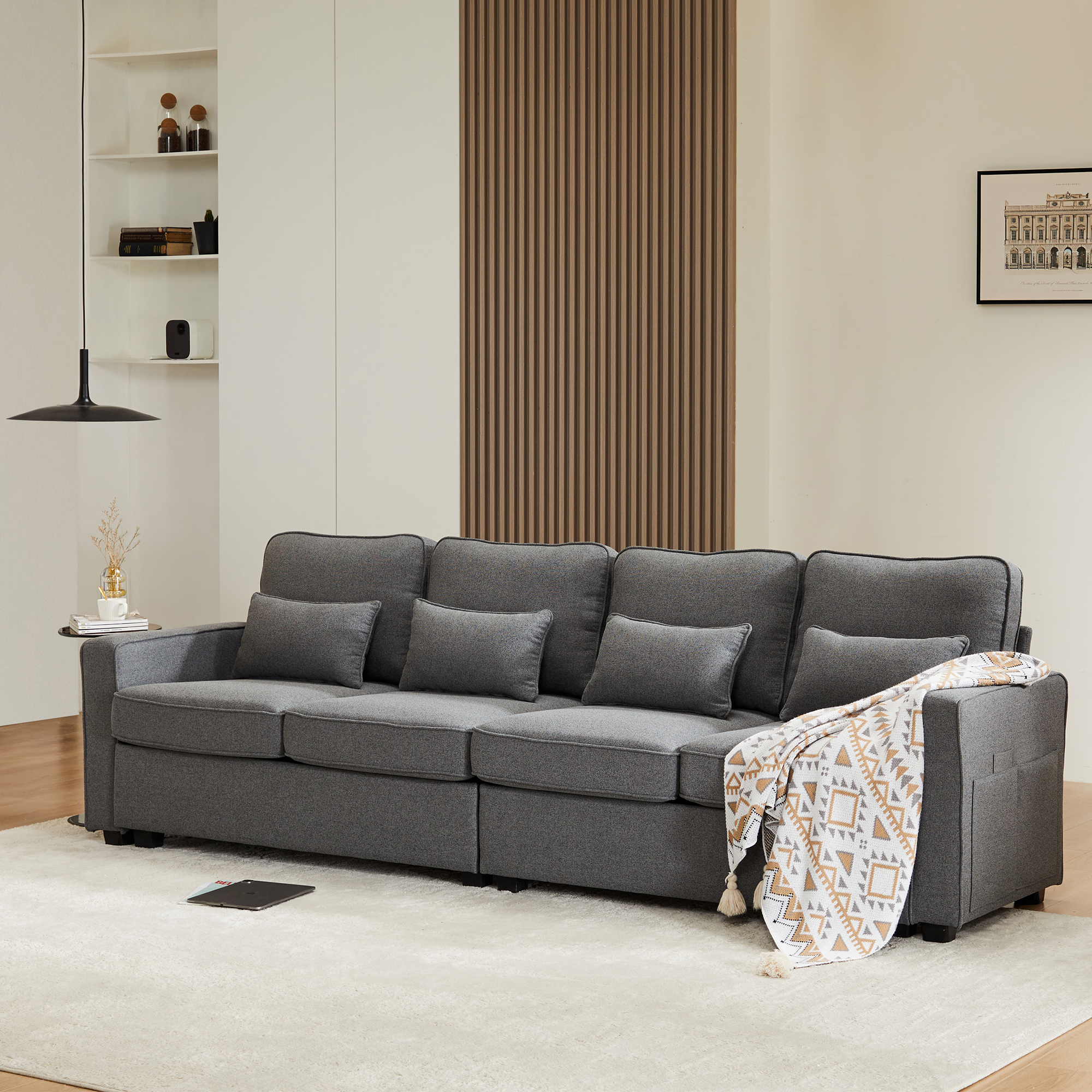 Canapé 4 places gris foncé en tissu lin avec poches d’accoudoirs et 4 coussins