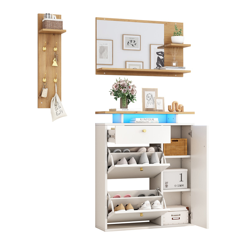 Ensemble vestiaire d'entrée blanc et bois naturel avec miroir, LED, crochets et meuble à chaussures