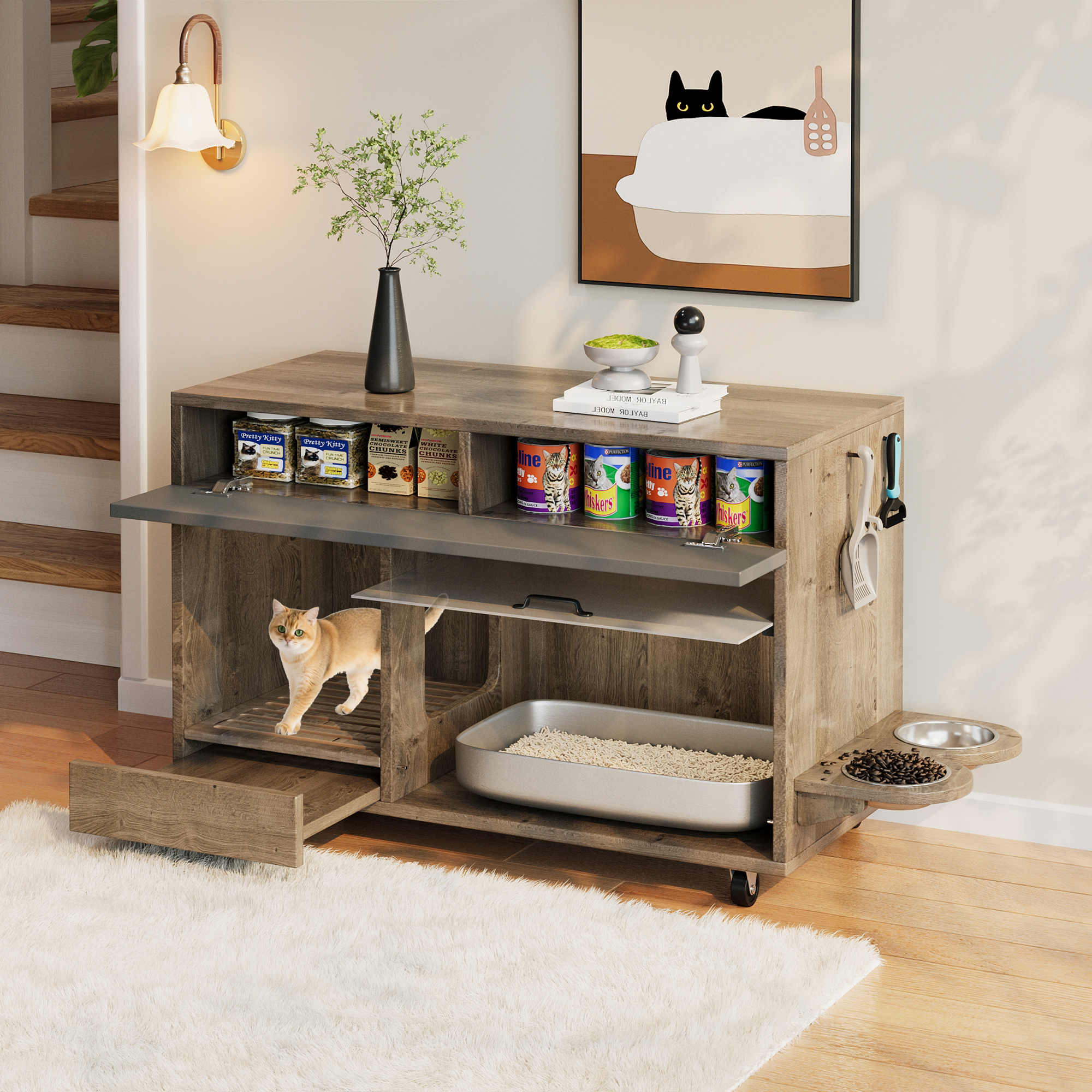 Meuble cache-litière complet gris-brun avec porte relevée
