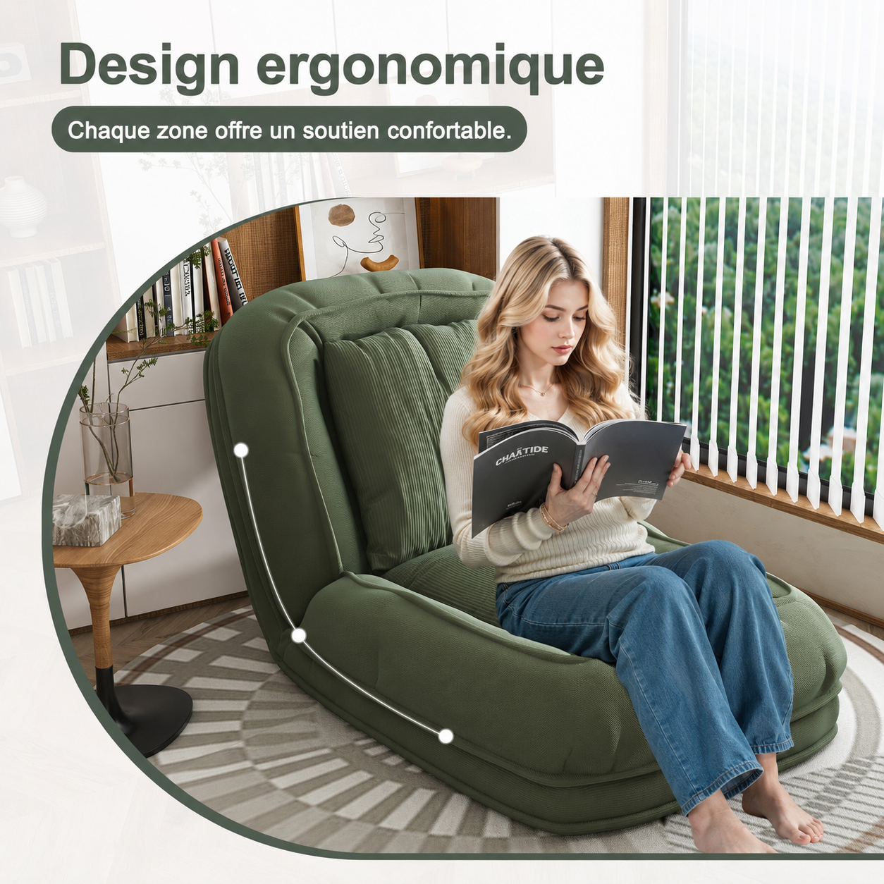 Canapé-lit pliable vert à dossier réglable avec 2 coussins