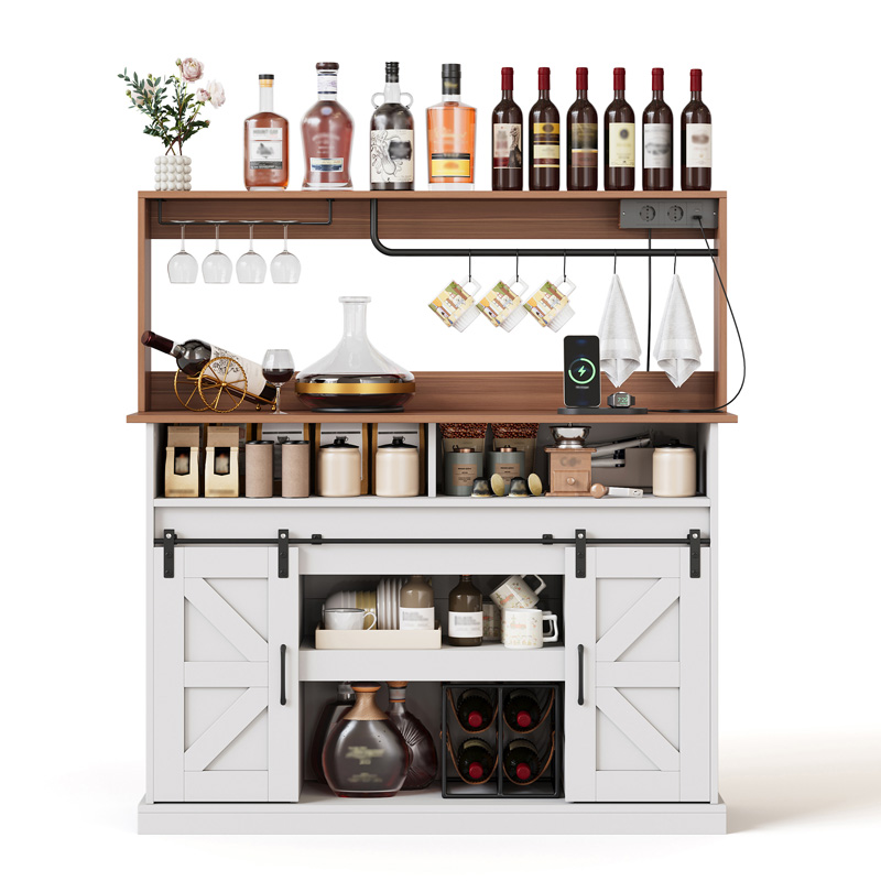 Meuble bar à café blanc et bois naturel 120 cm avec portes coulissantes, rangements, porte-verres et prises intégrées