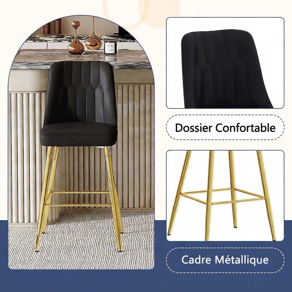 Détail tabouret bar cuir PU noir et repose-pieds métallique