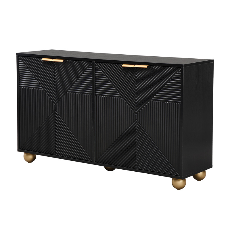 Buffet noir 120 cm avec quatre portes sculptées, étagères réglables et pieds sphériques