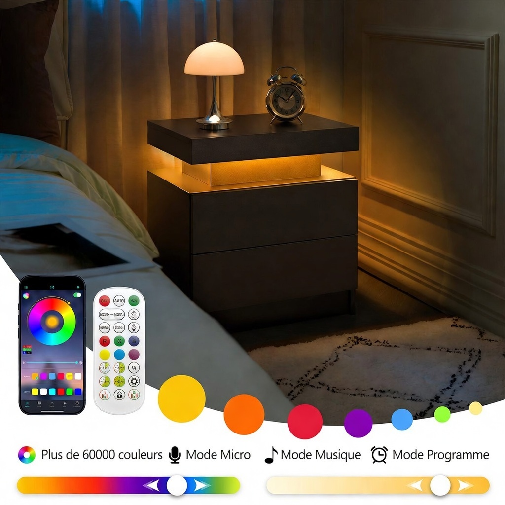 Détail LED RGB multicolore télécommandée et tiroirs ouverts