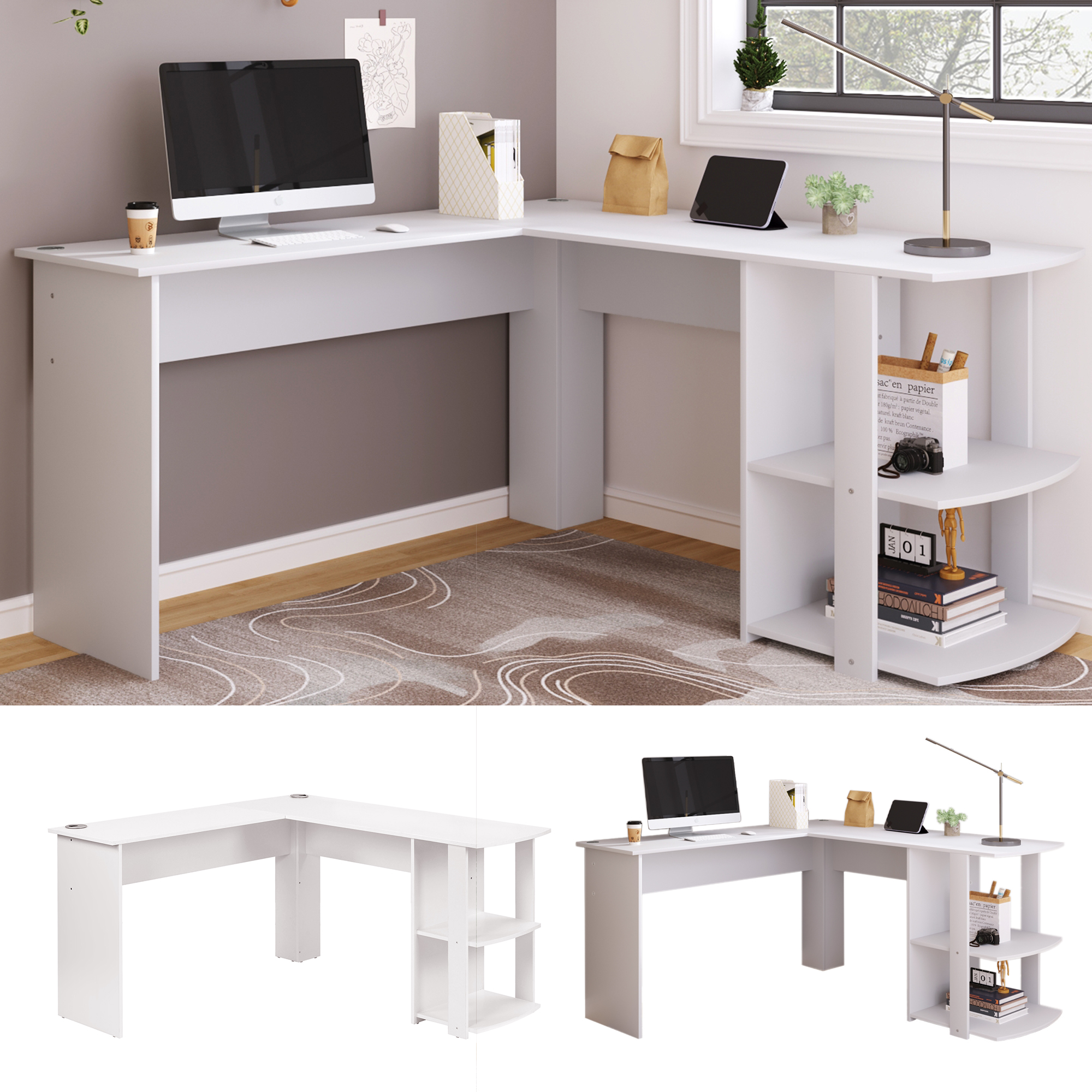 Bureau d'angle L blanc 140 cm vue complète avec ordinateur