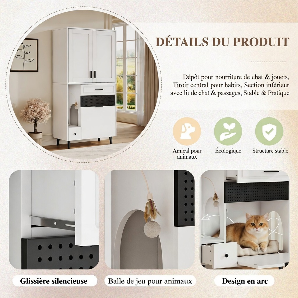 Meuble rangement chat gris avec chat jouant dedans