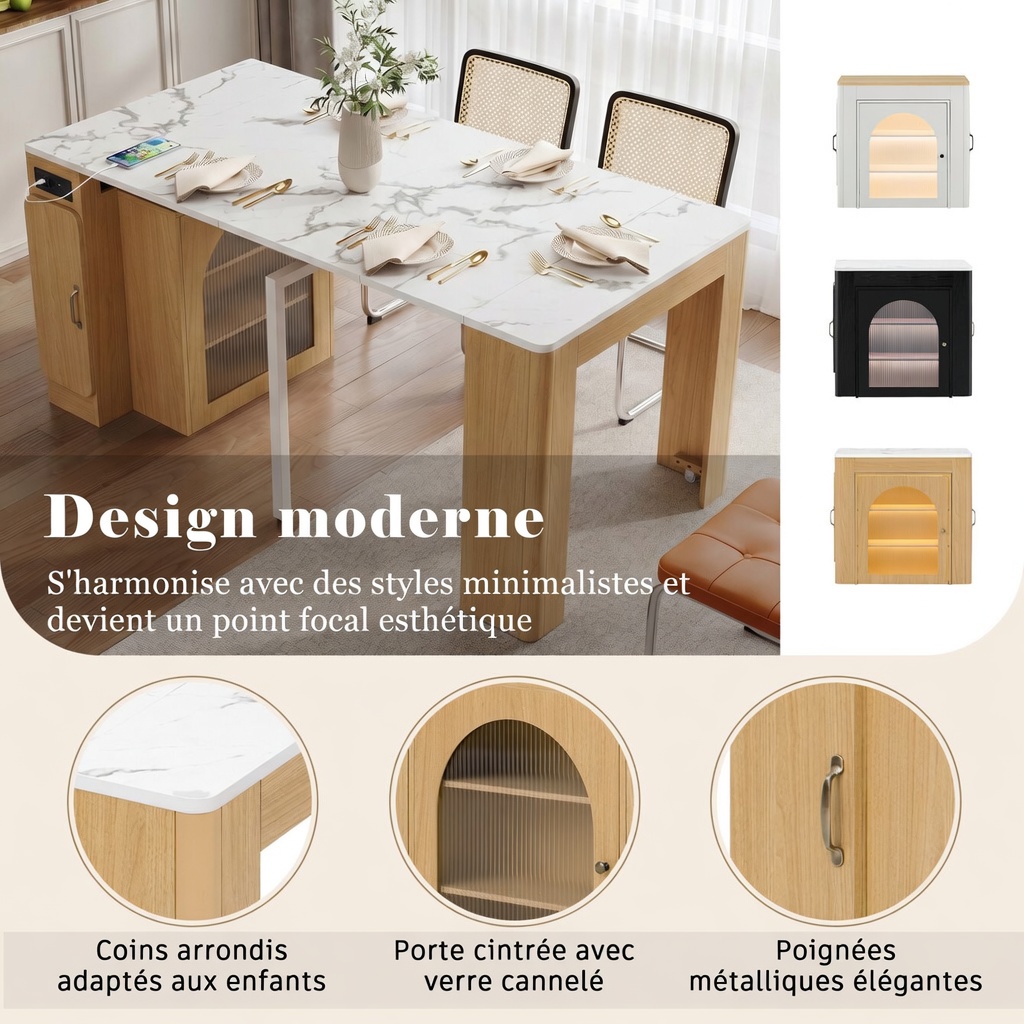 Ilot de cuisine extensible naturel avec roulettes et prise USB Type-C