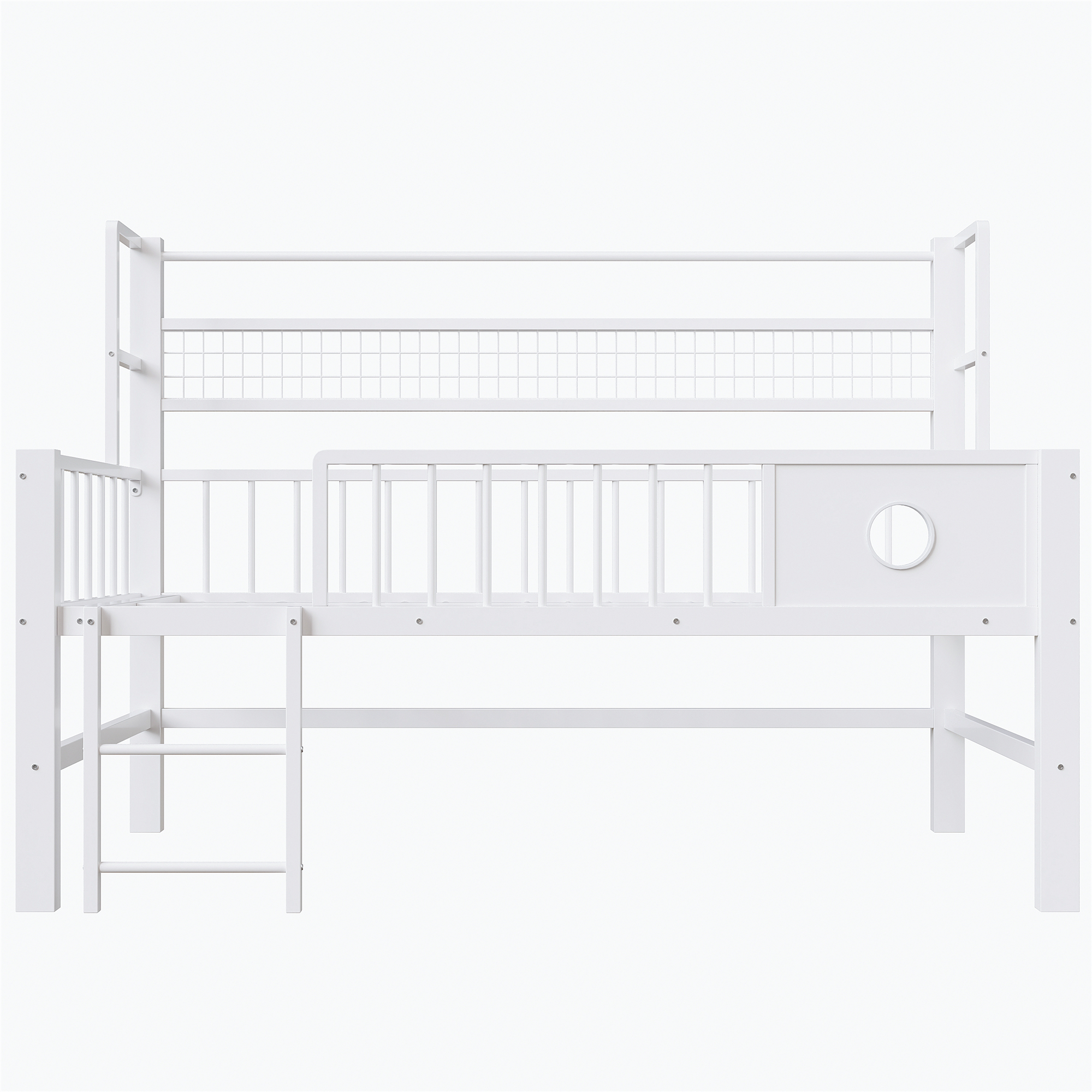 Lit mezzanine blanc avec étagère filet et cadre renforcé