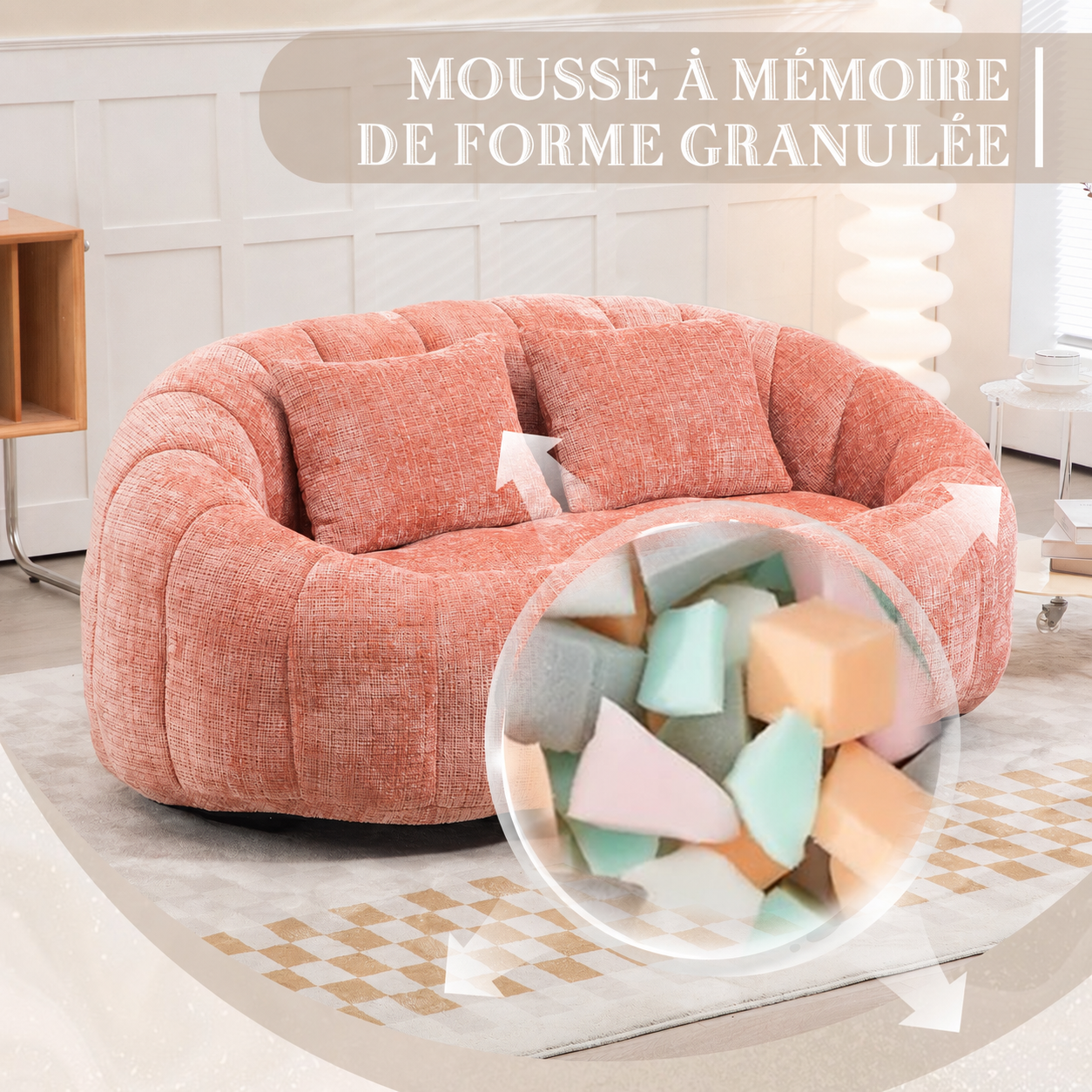 Fauteuil lounge rose en chenille, pouf canapé paresseux avec rembourrage en mousse haute densité