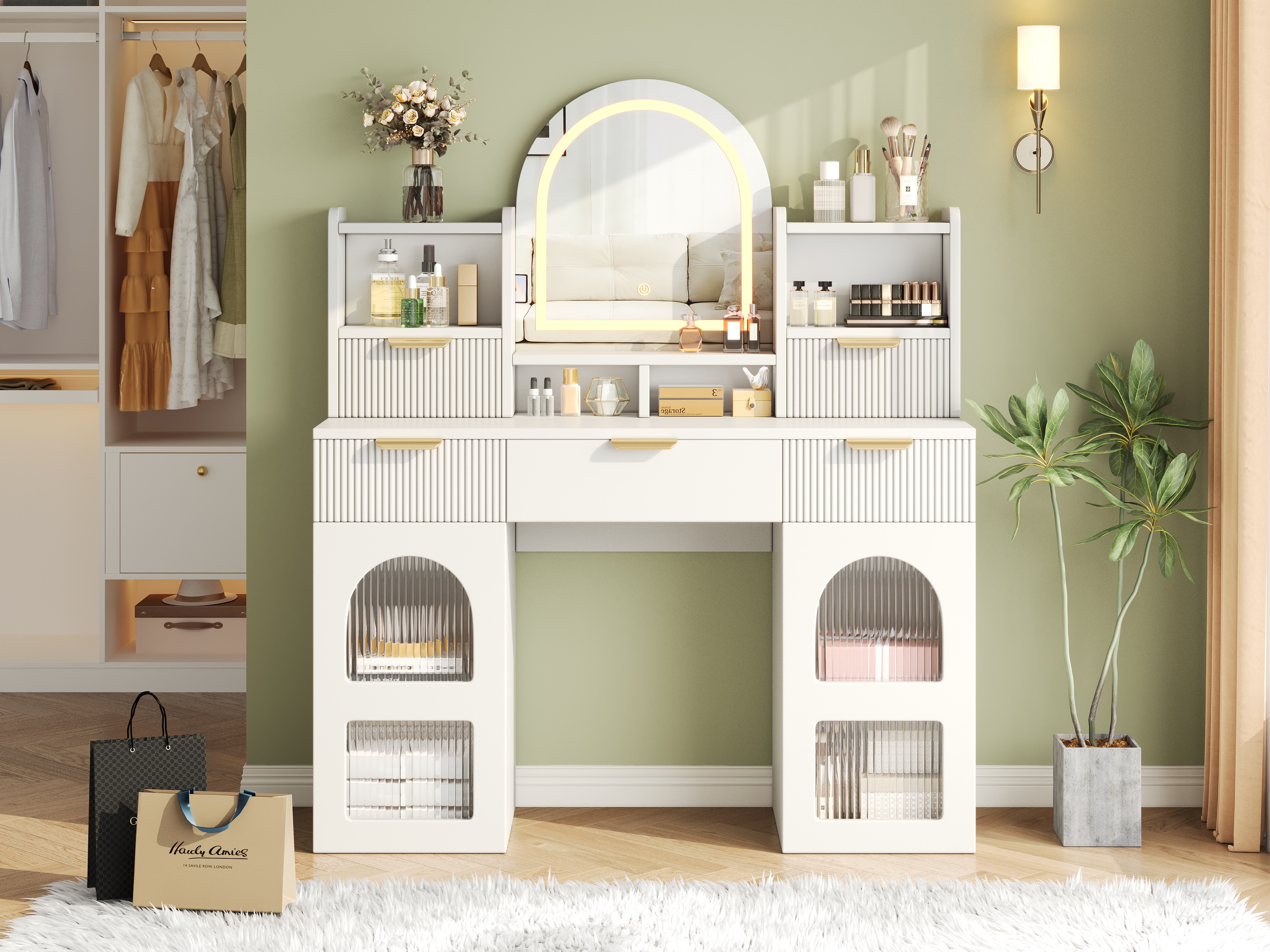 Coiffeuse blanche 120 cm avec miroir LED, tiroirs et portes vitrées