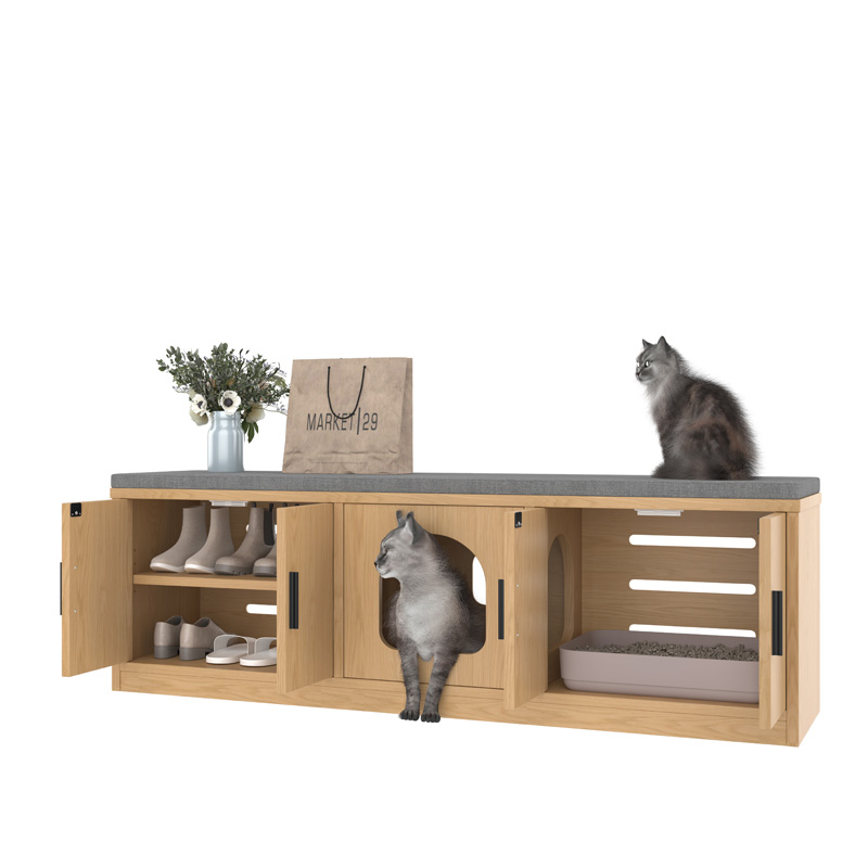 Meuble pour chat effet chêne avec espace litière dissimulé, rangements et tapis à griffer