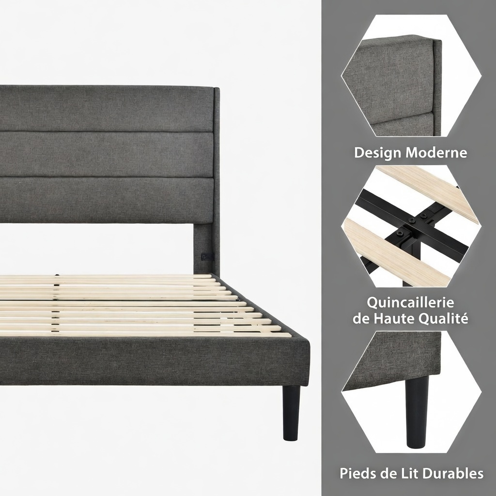 Lit double gris avec espace sous lit 16 cm pour rangement