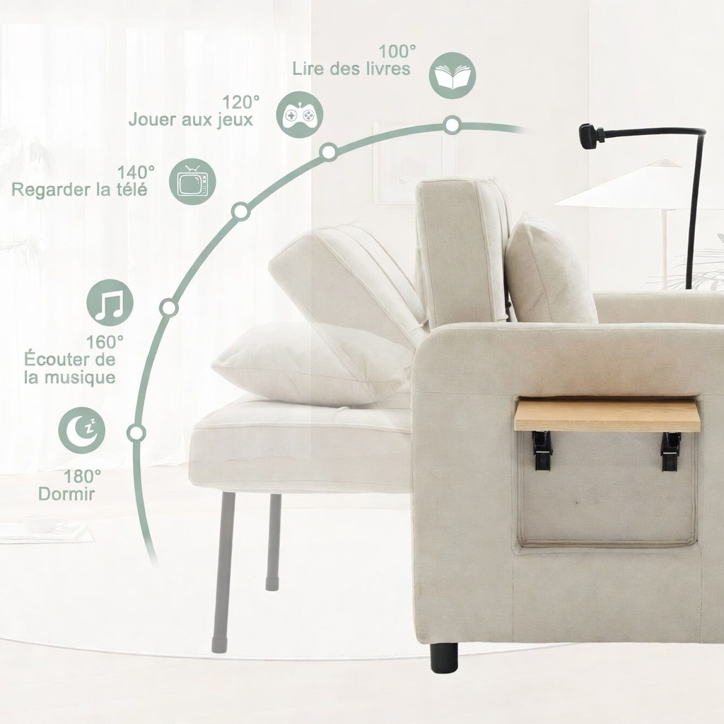 Fauteuil chenille beige en mode convertible petit appartement