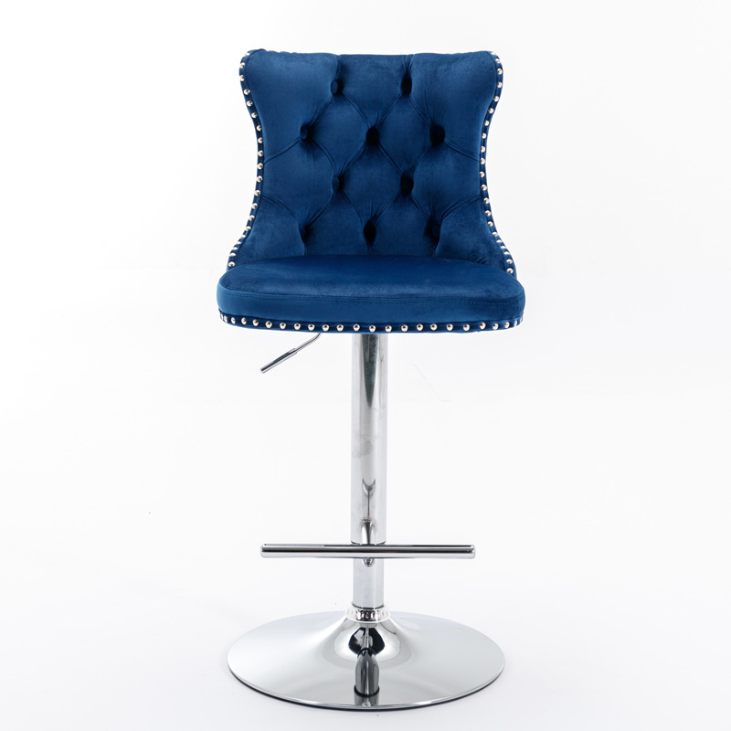 Lot de 2 tabourets de bar pivotants en velours bleu avec hauteur réglable, dossier capitonné et base chromée