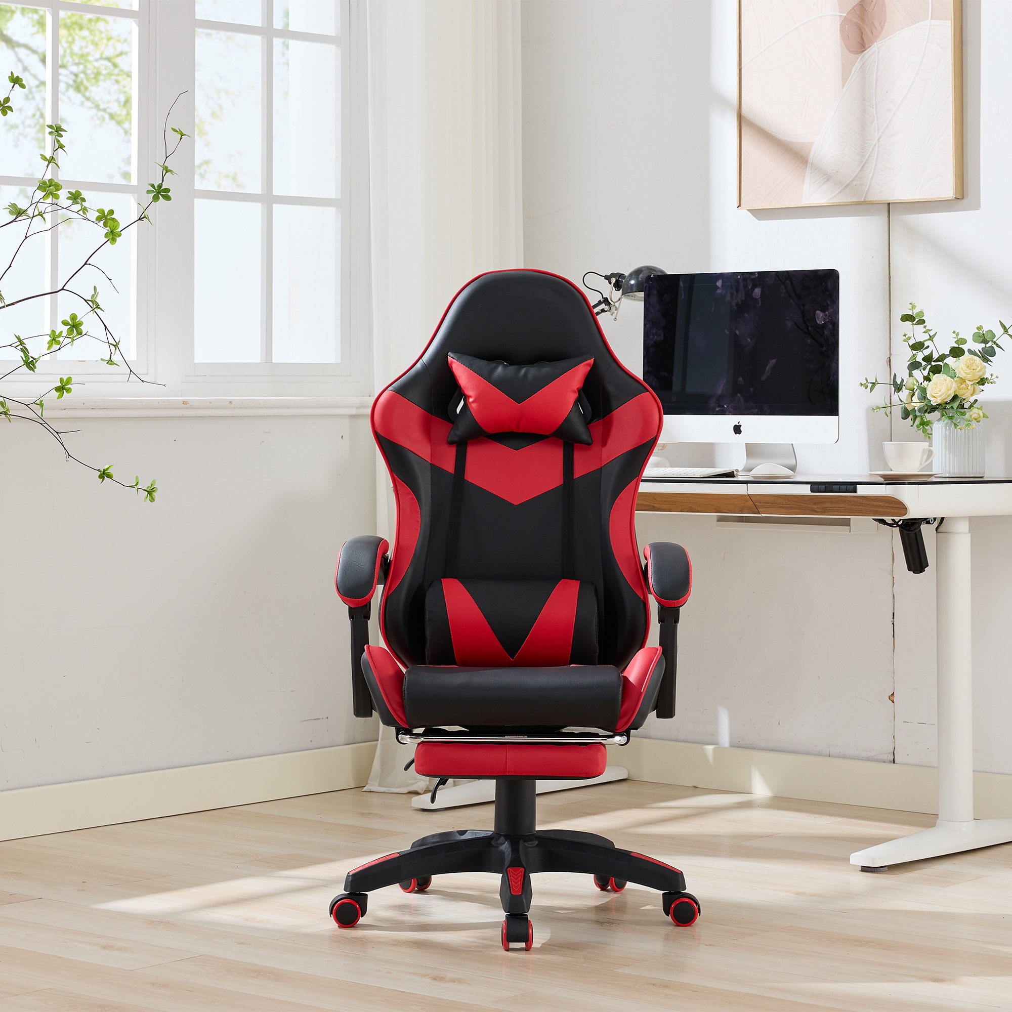 Chaise gaming ergonomique noir et rouge vue complète