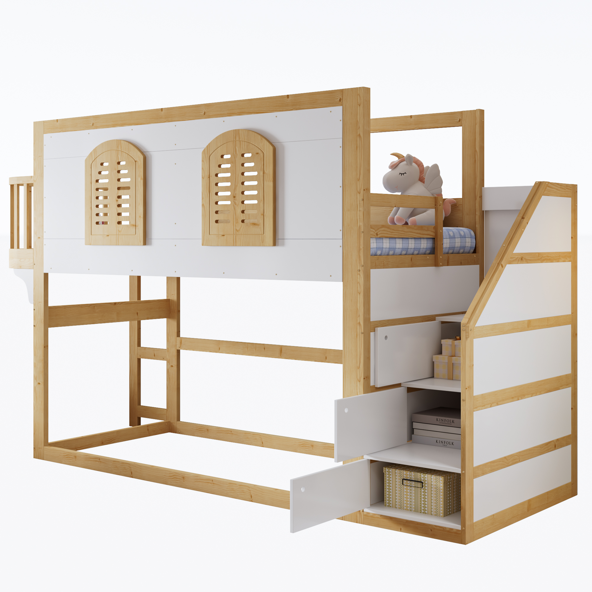 Lit mezzanine enfant blanc et naturel avec escalier rangement