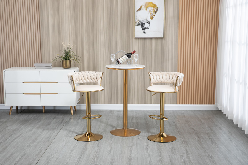 Lot de 2 tabourets de bar pivotants en velours ivoire avec hauteur réglable et base dorée