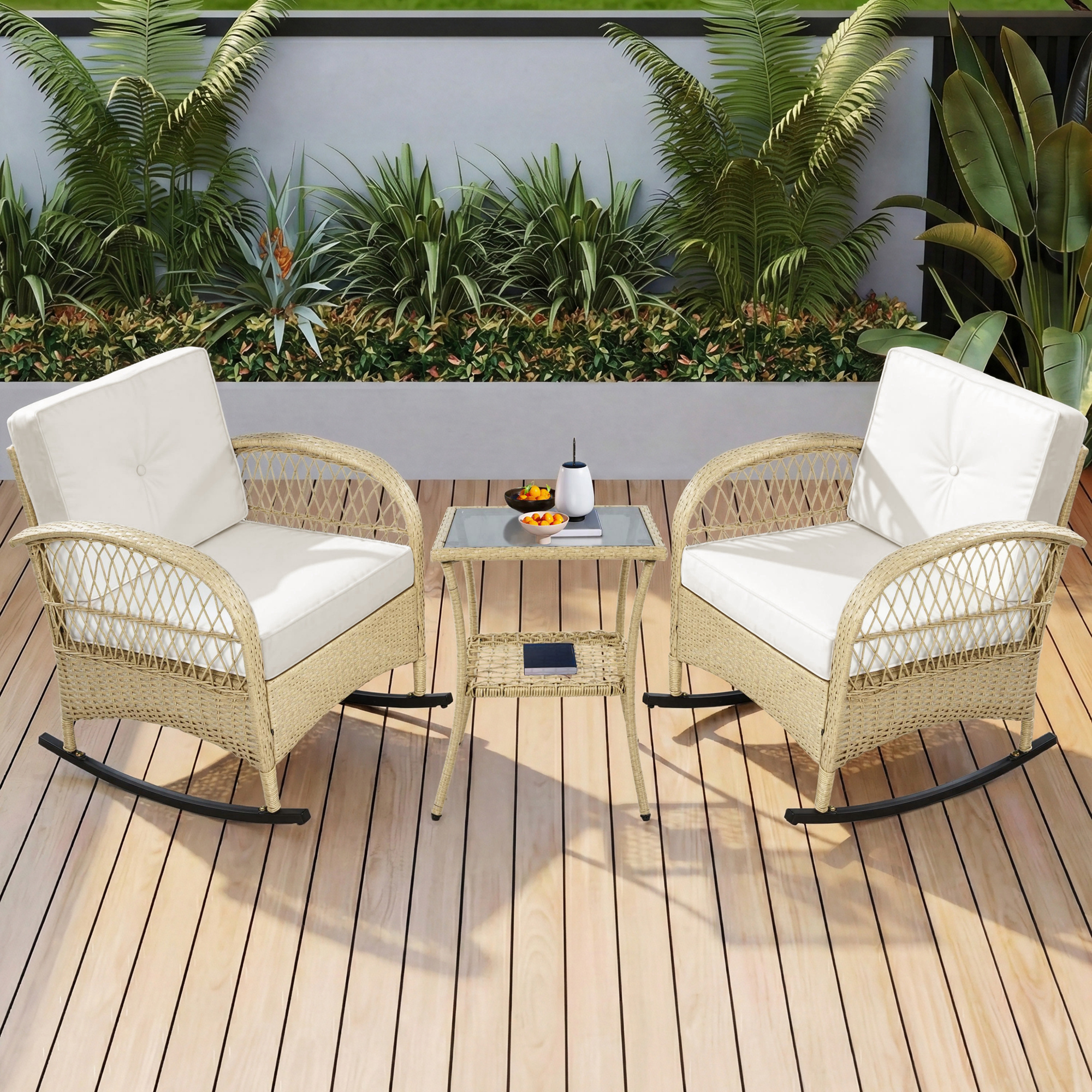 Salon jardin rattan balancelle 3 pièces beige vue complète terrasse