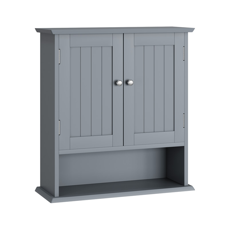 Armoire murale de salle de bain gris clair avec deux portes, étagères ouvertes et tablette intérieure réglable
