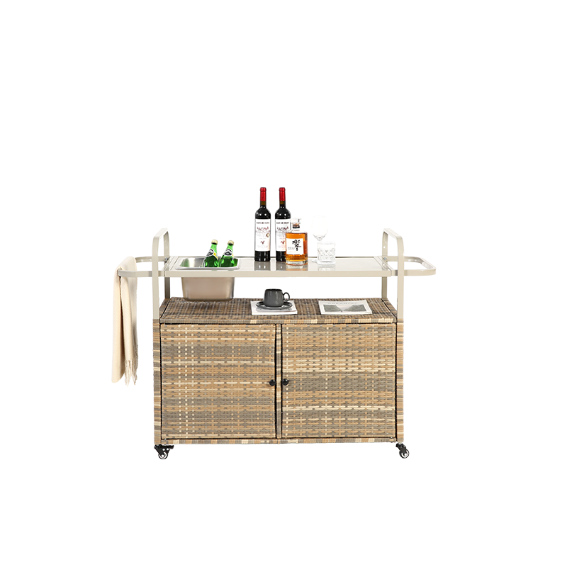 Bar jardin rattan beige mobile avec plateau acier et glacière
