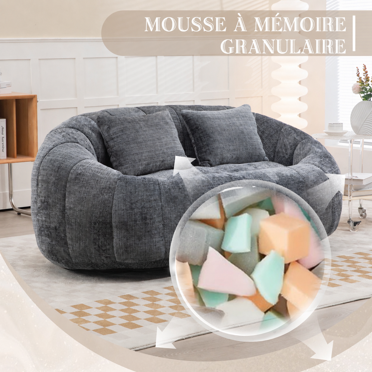 Fauteuil lounge gris en chenille, pouf canapé paresseux avec rembourrage en mousse haute densité