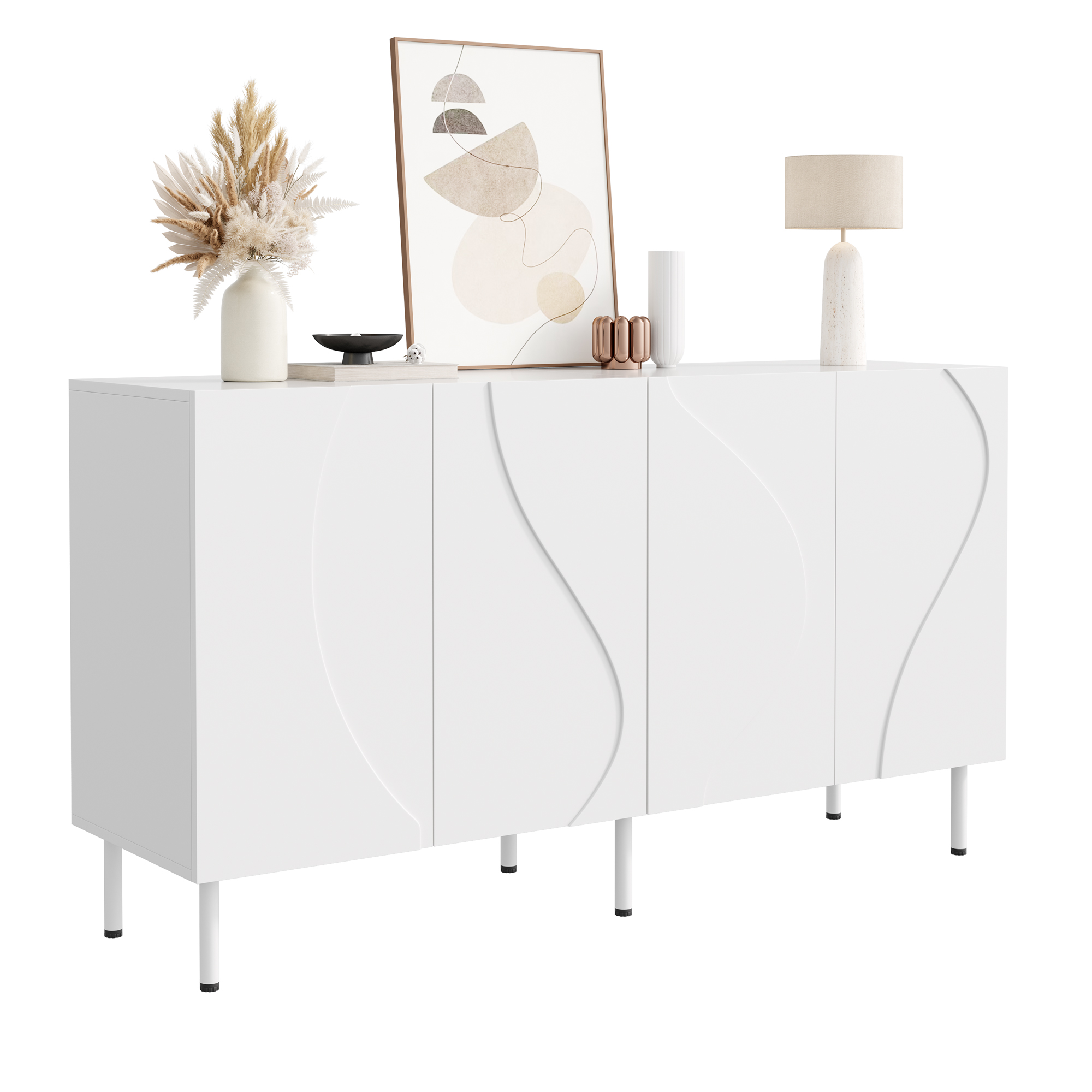 Buffet blanc 140 cm avec portes incurvées 3D et pieds en métal