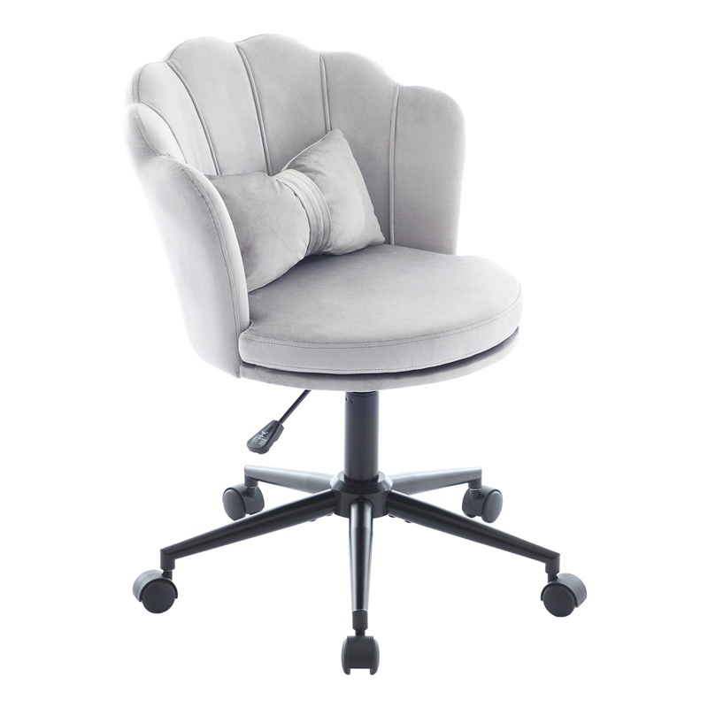 Chaise de bureau grise en velours avec dossier en forme de pétales, coussin lombaire papillon et hauteur réglable