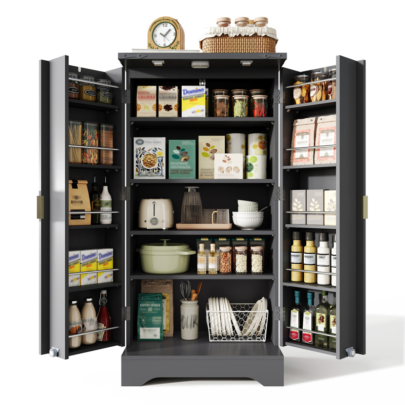 Armoire de cuisine noire avec éclairage LED à capteur et étagères de rangement