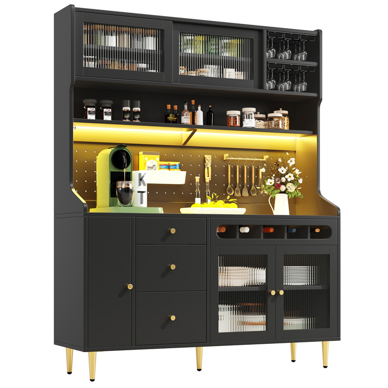 Grand meuble de rangement noir 145 x 39 x 171 cm avec portes vitrées coulissantes, éclairage LED, rangement à vin et étagères réglables
