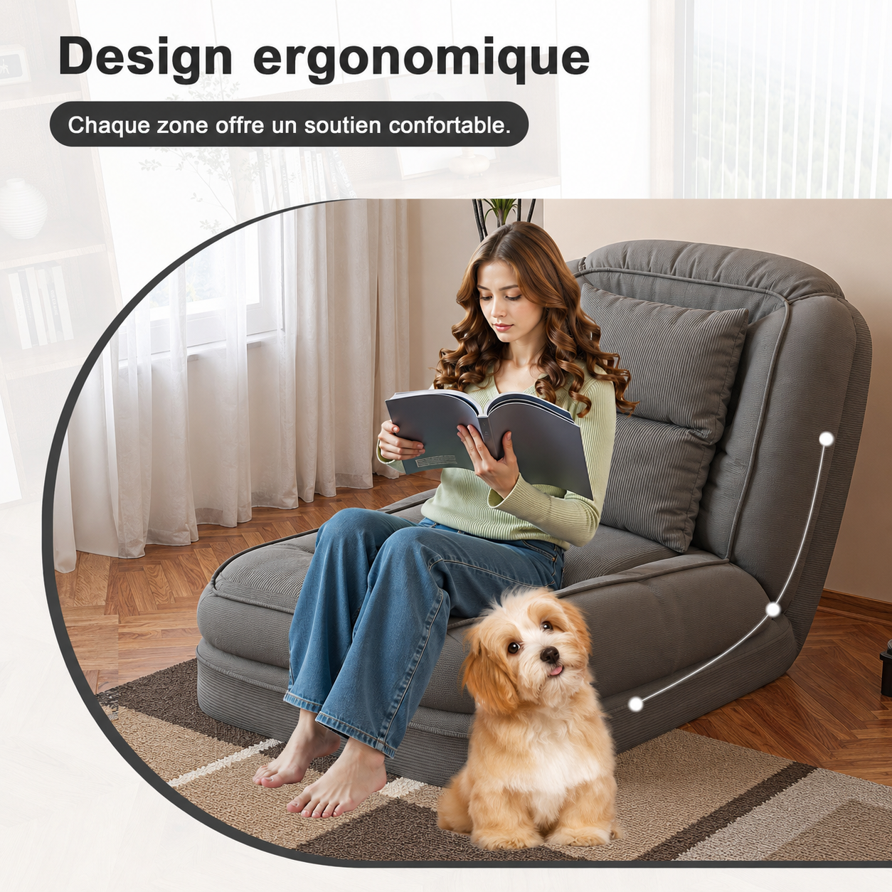 Canapé-lit pliable gris à dossier réglable avec 2 coussins