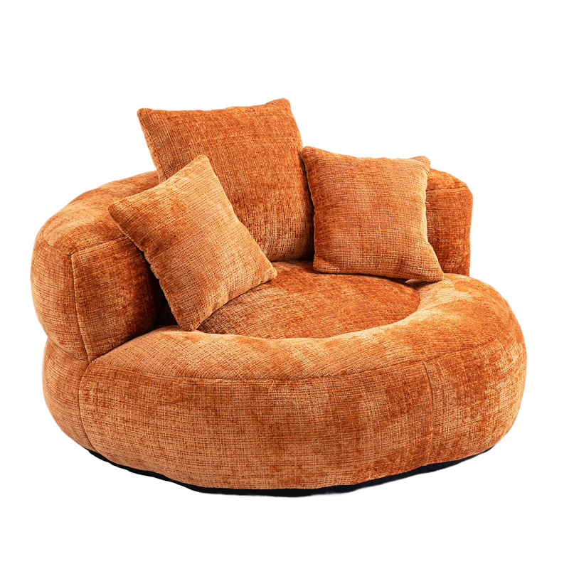 Fauteuil lounge orange en chenille avec dossier haut et trois coussins