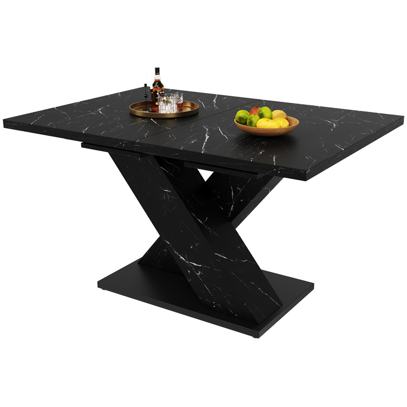 Table à manger extensible noire effet marbre avec pieds en X pour 4 à 6 personnes