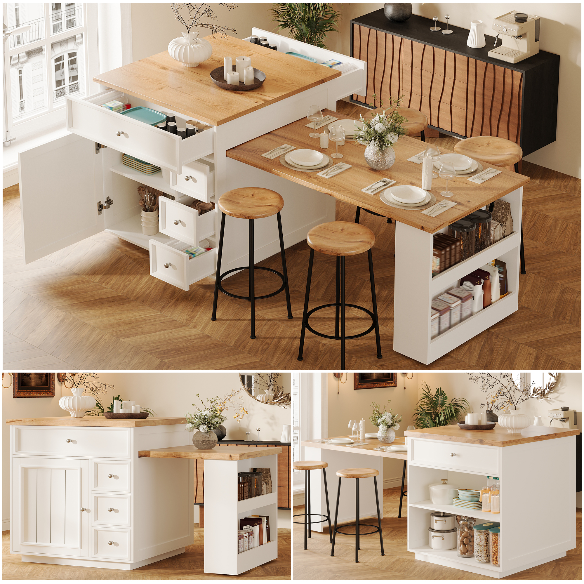 Ilot de cuisine extensible blanc avec roulettes et rangements