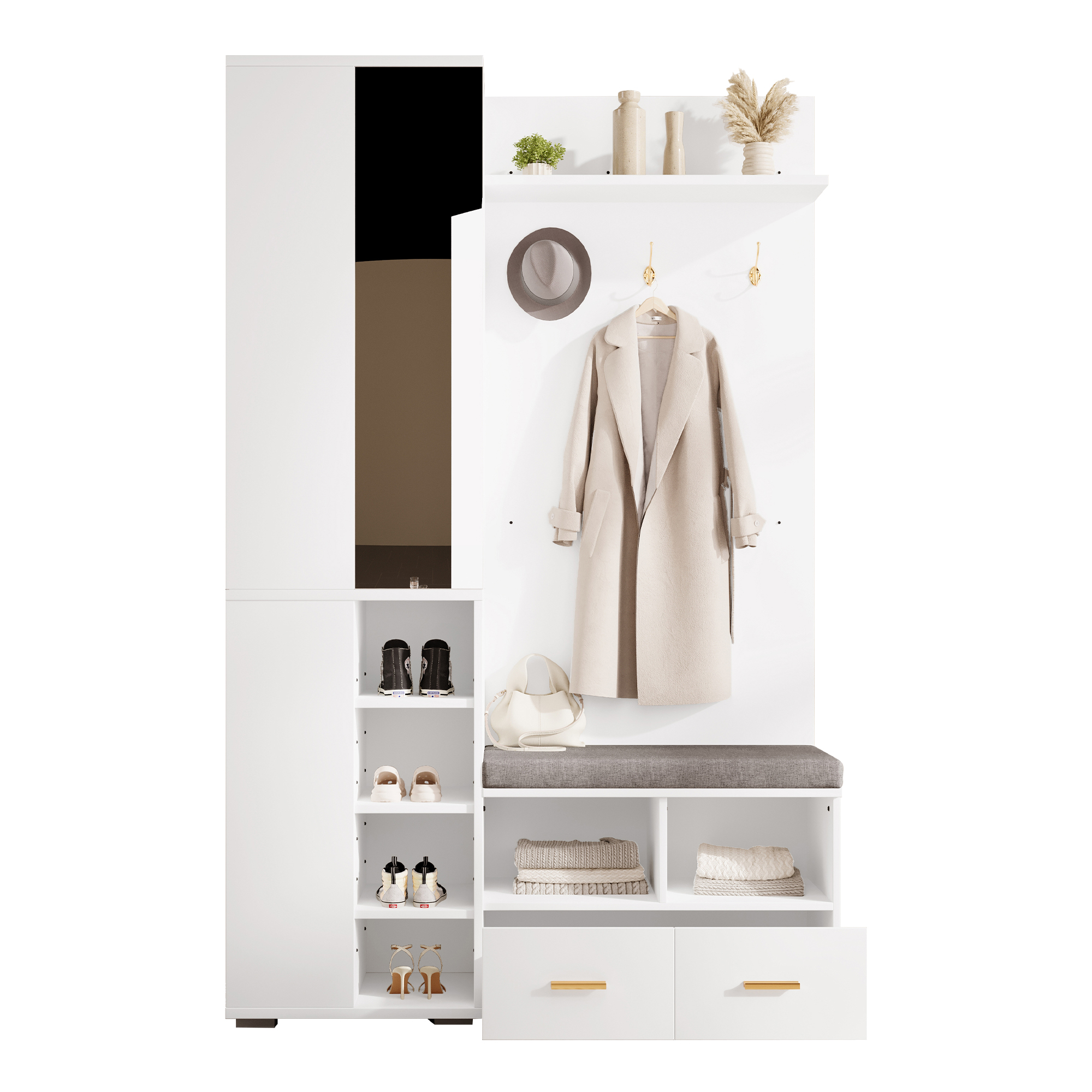 Porte-manteaux 3 haken barre vêtements et miroir intégré