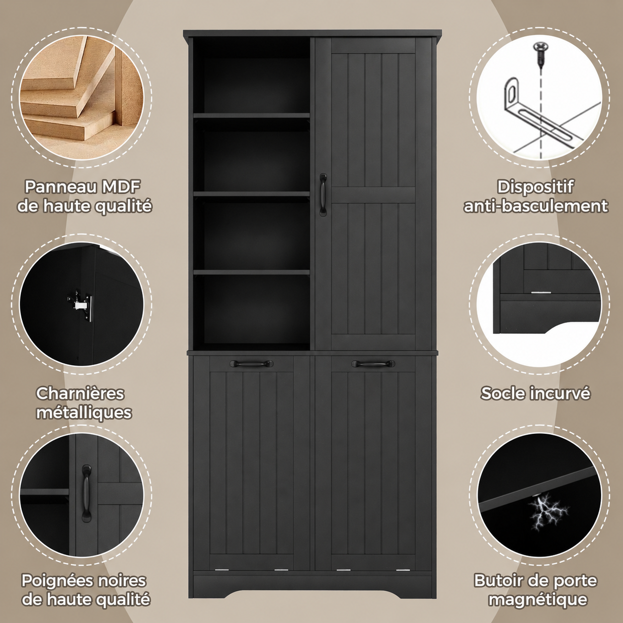 Armoire de salle de bain noire avec deux paniers à linge, niches ouvertes, porte et étagères réglables