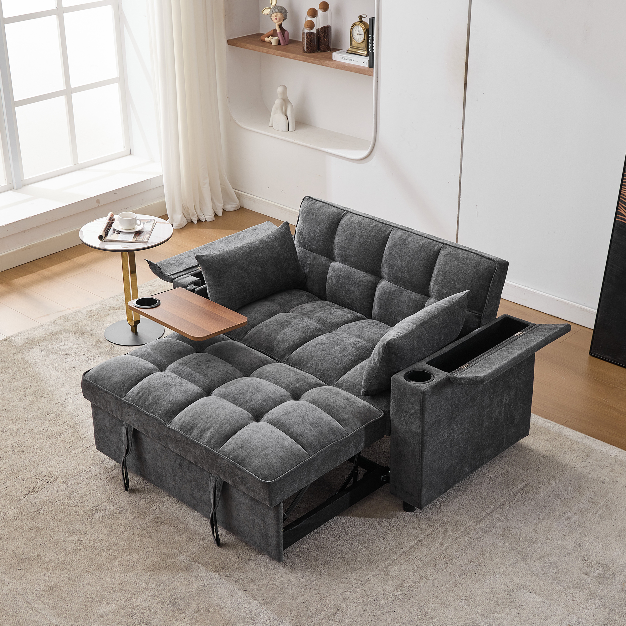 Canapé convertible 2 places gris 3-en-1 avec dossier réglable, USB-C, table cachée et porte-gobelet