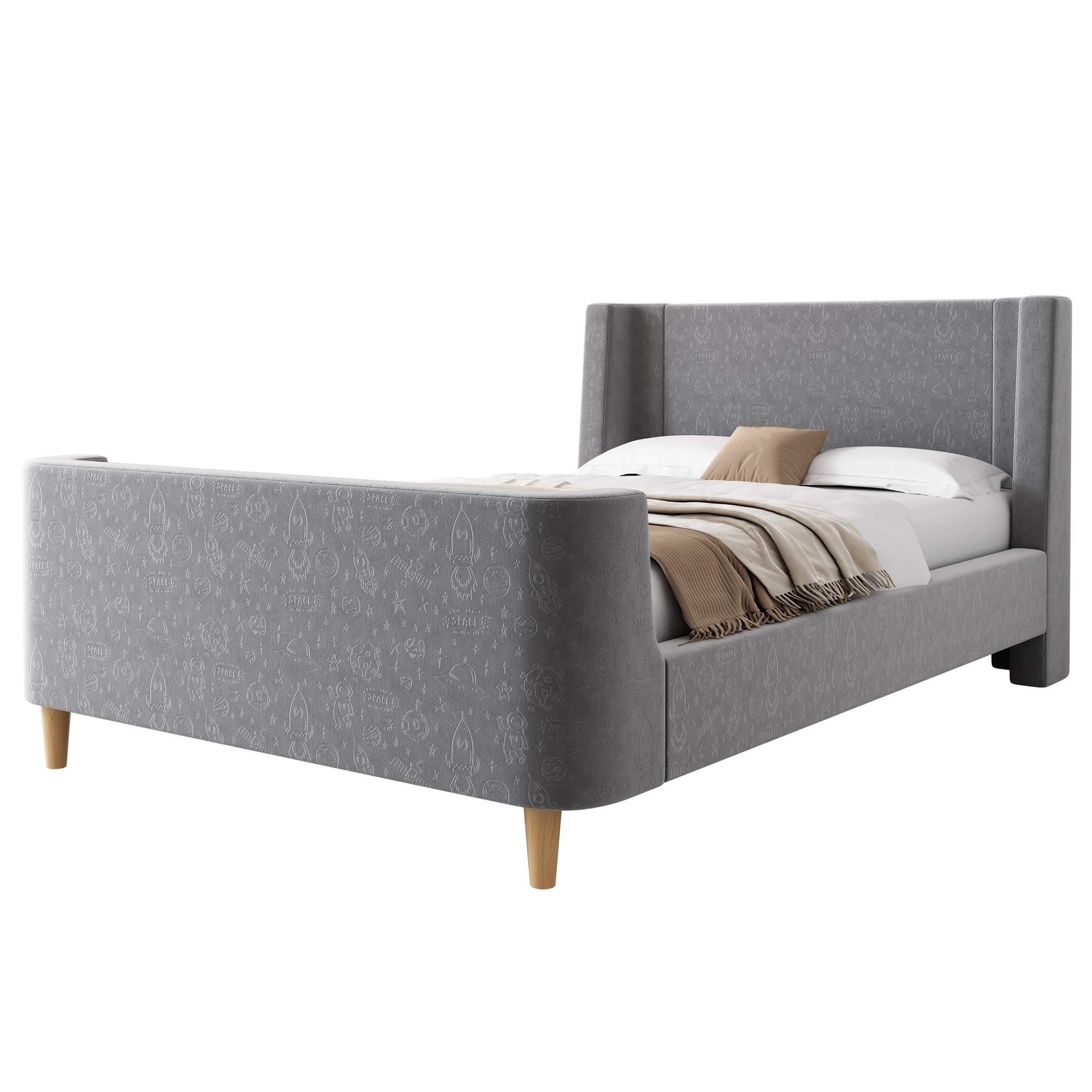 Lit enfant gris design traîneau courbes douces vue latérale