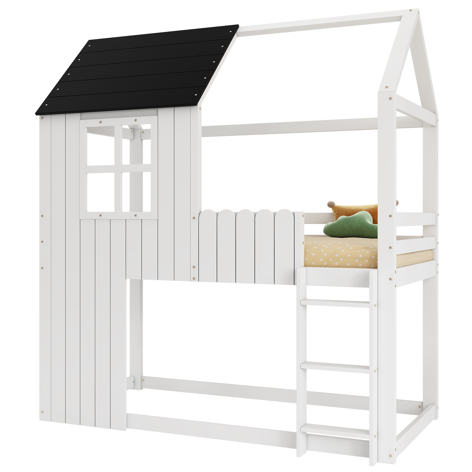 Lit mezzanine enfant 90 x 200 cm forme maison blanc et noir