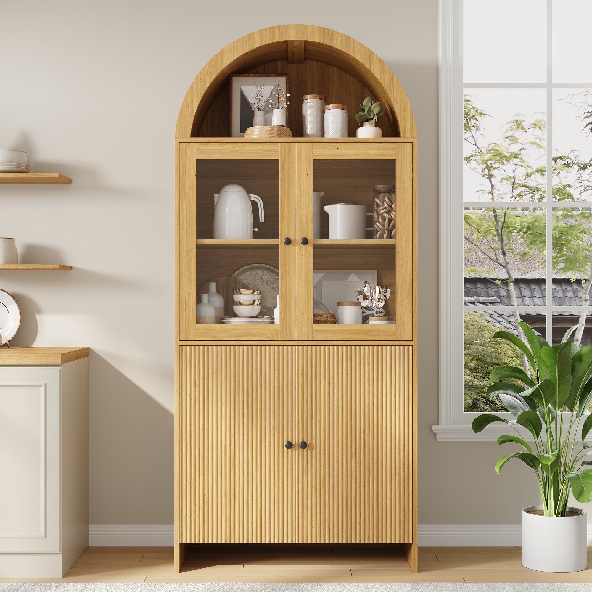 Sideboard vitrine arqué blanc vue complète salon élégant