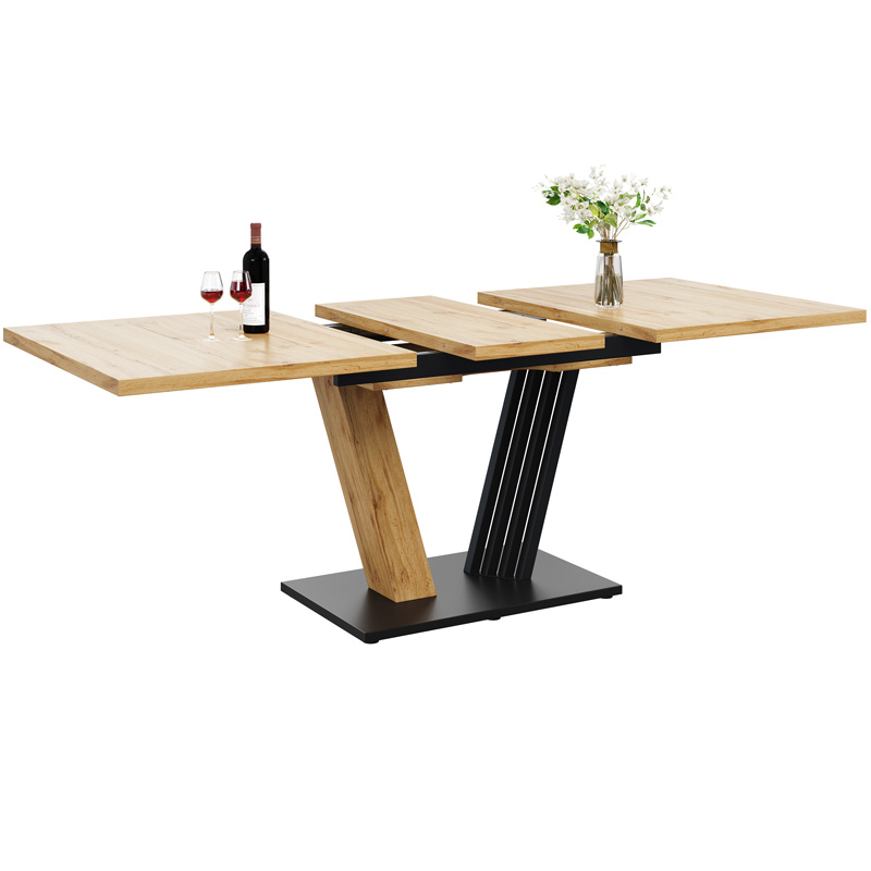 Table à manger extensible effet bois 120 à 160 x 80 x 76 cm avec pieds métalliques en forme d’aile