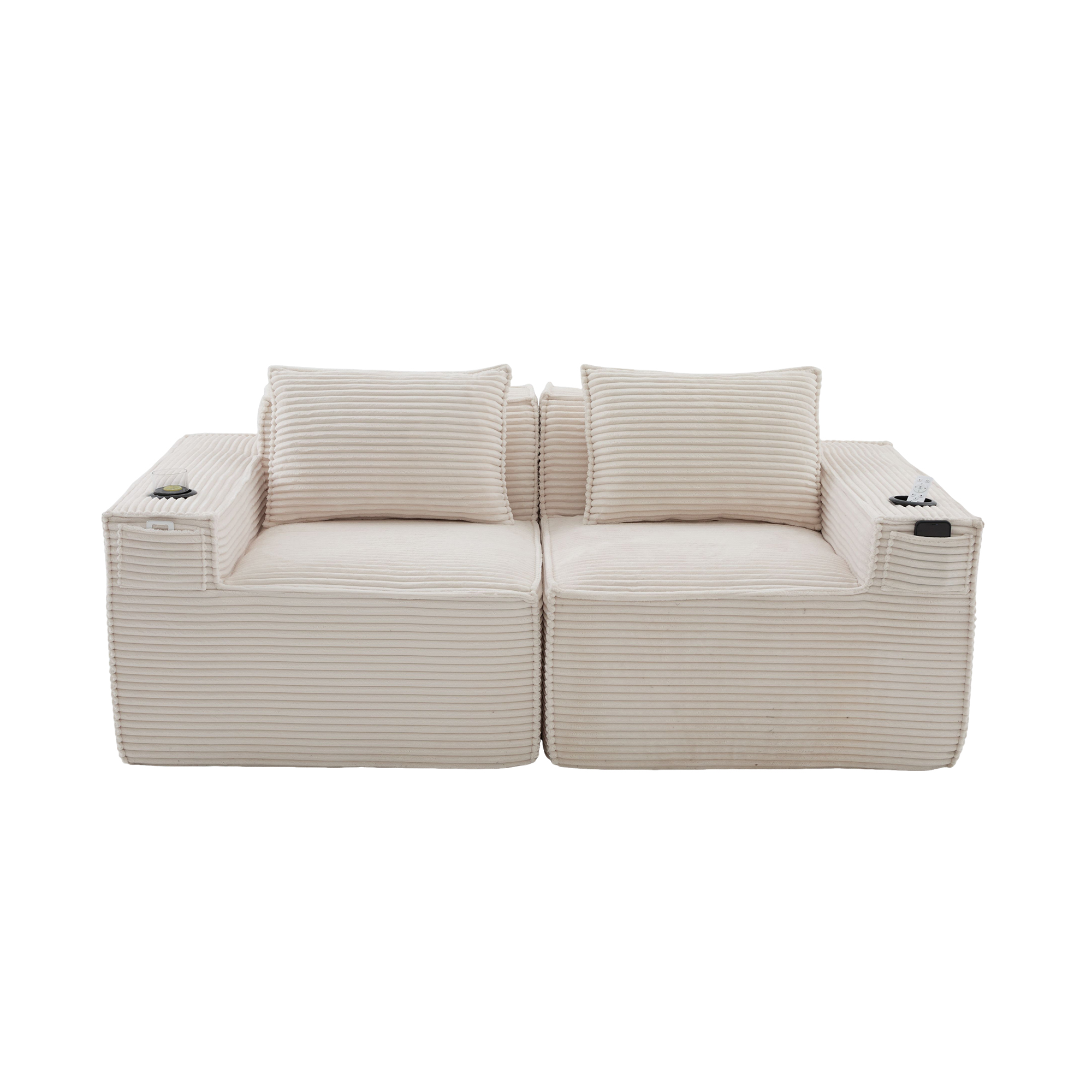 Canapé modulable 2 places beige en velours côtelé avec porte-gobelets et poches latérales