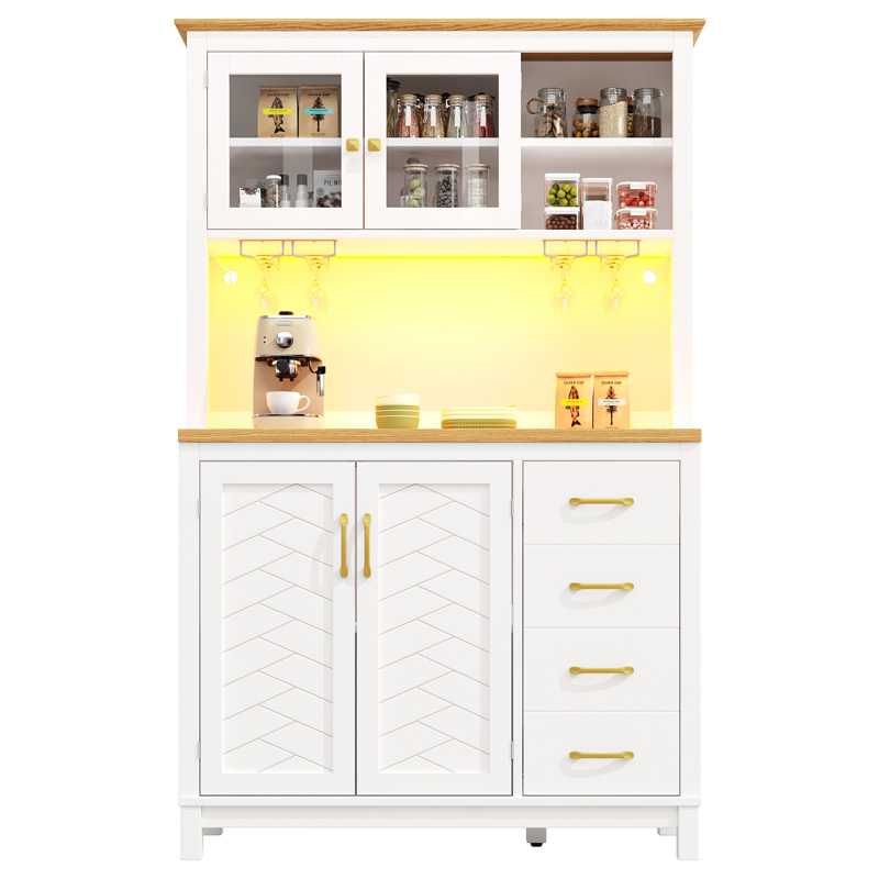 Buffet haut blanc 105,5 x 40 x 180 cm avec quatre portes, éclairage LED et rangements