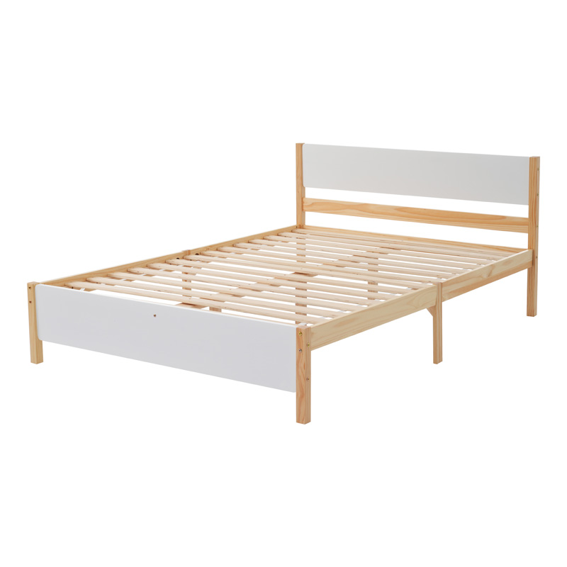 Lit double 140 x 200 cm blanc et bois naturel avec cadre en pin, tête et pied de lit en MDF, 15 lattes et pieds centraux