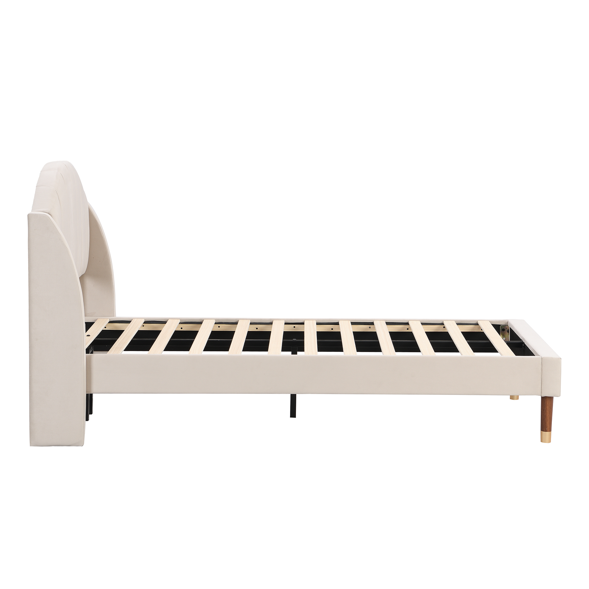 Vue latérale lit matelassé beige en situation chambre