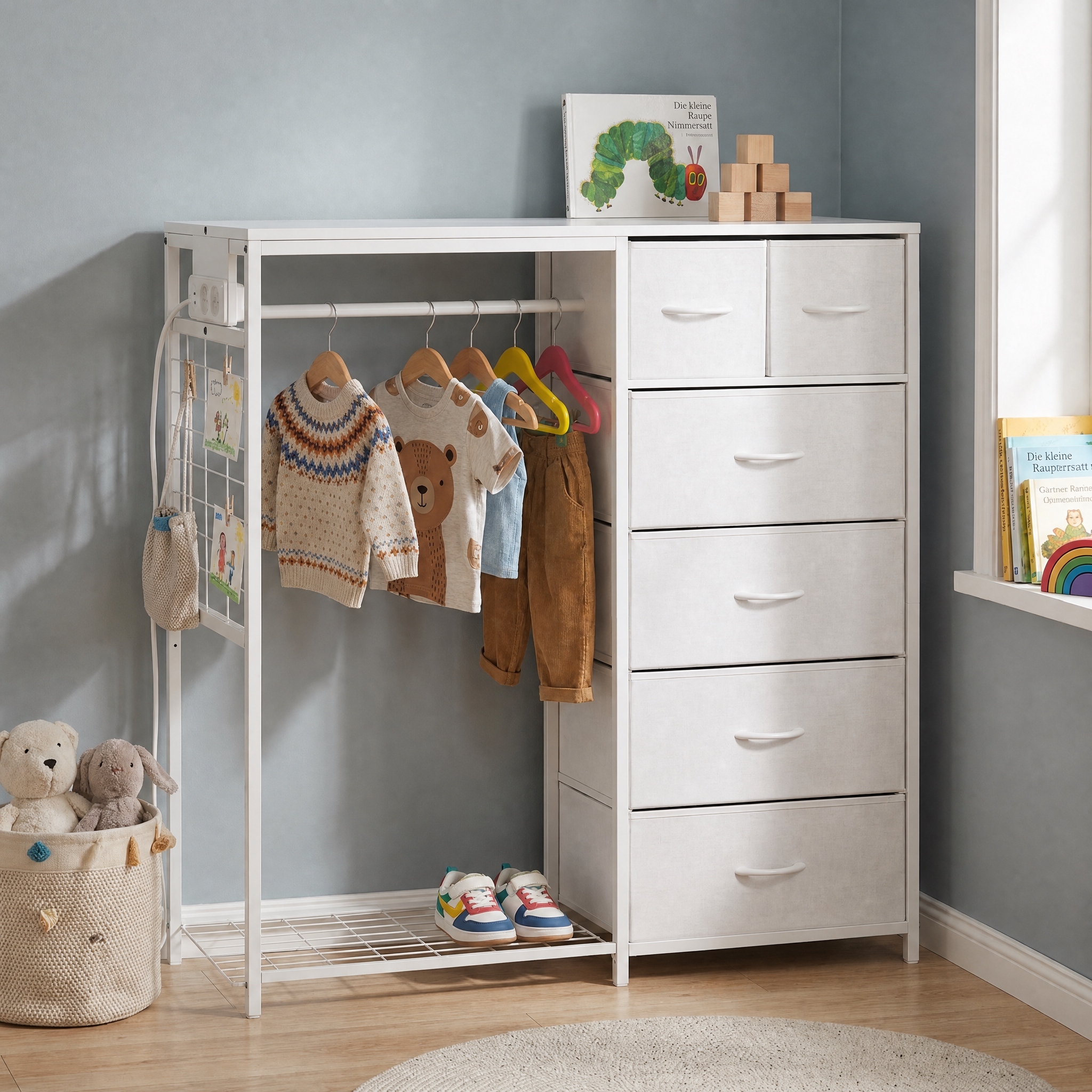 Armoire penderie enfant blanche avec 6 tiroirs, tringle, étagères et prise intégrée