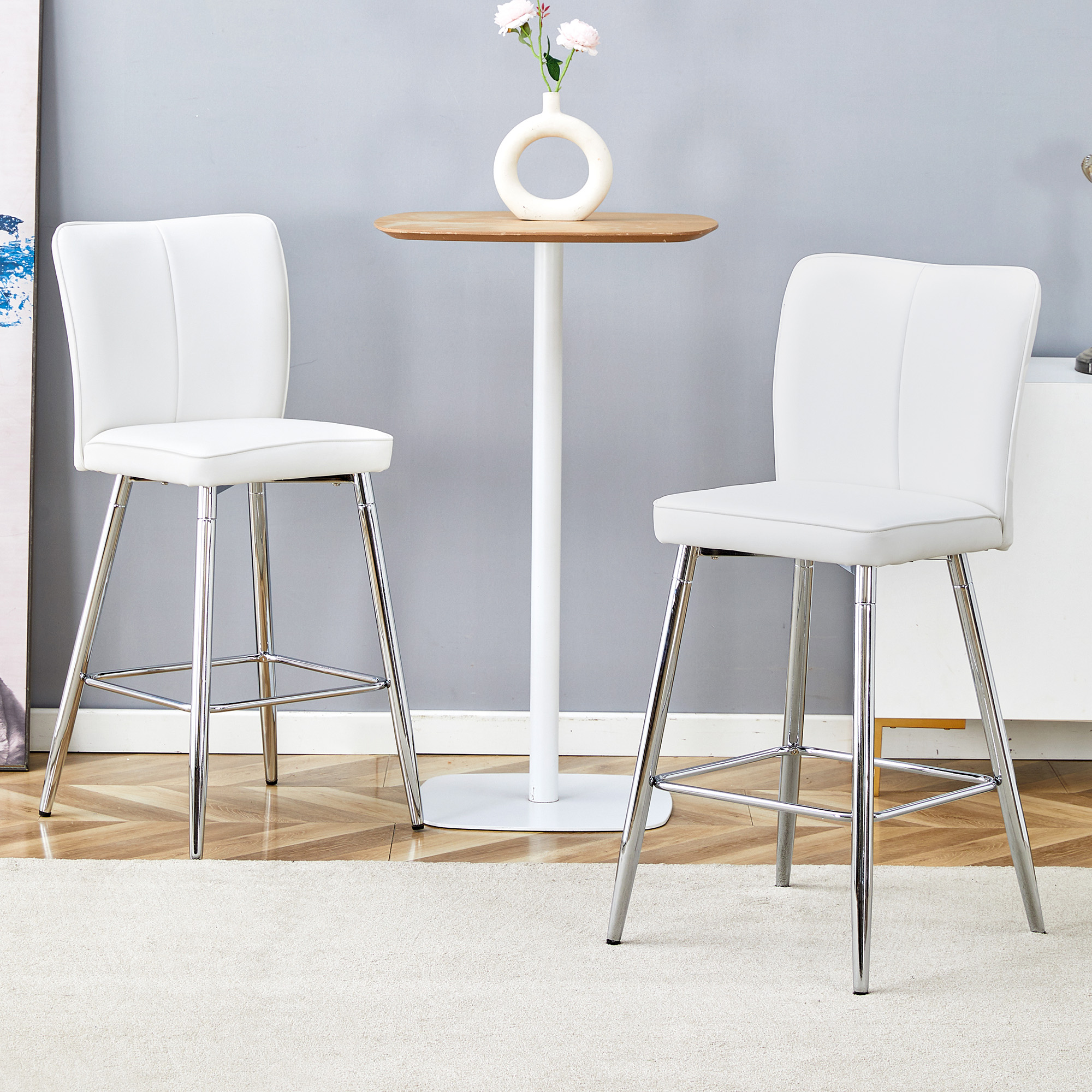 Lot 2 tabourets bar blanc PU vue complète cadre argenté