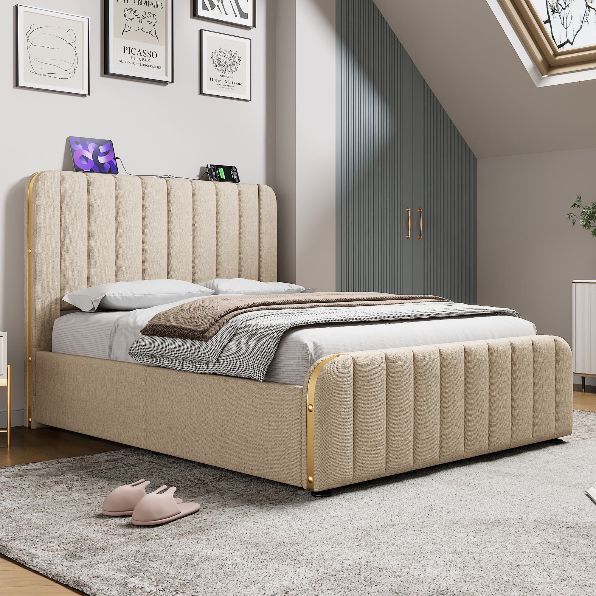 Lit Rembourré 140x190 cm Beige