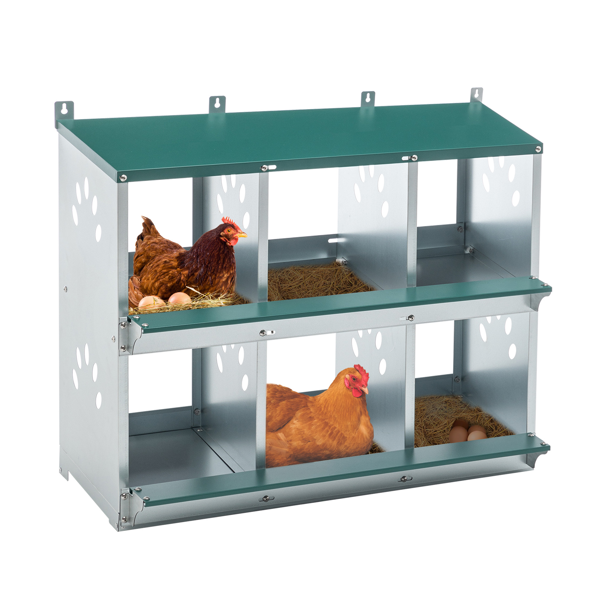 Nids à poules 6 compartiments acier galvanisé avec roulement œufs