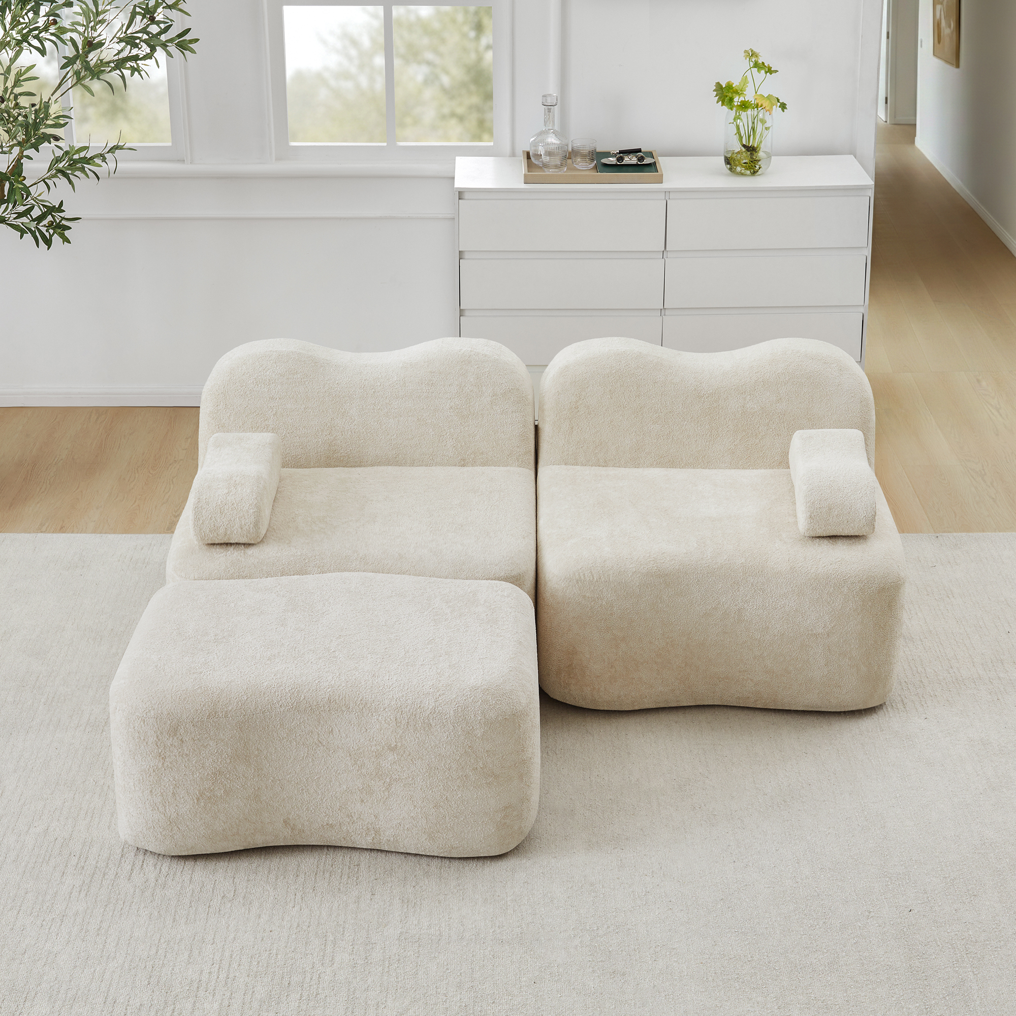 Canapé modulaire 2 places en L beige avec ottoman, sans structure rigide