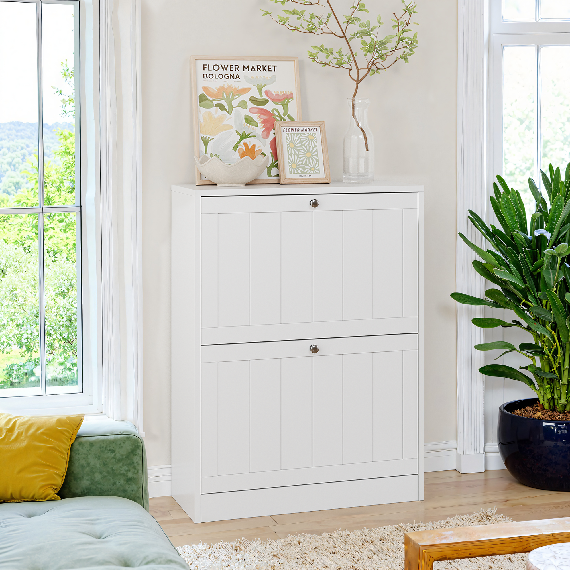 Chaussier blanc mid-century vue complète portes rabattables fermées